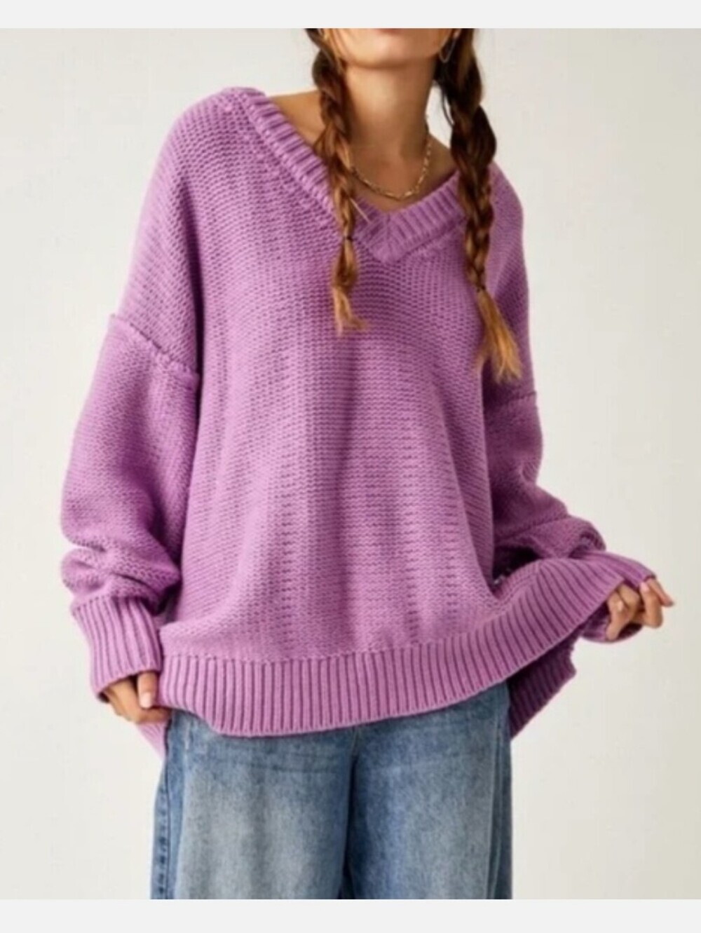 Free People Alli V-Neck Heavy Chunky Knit Oversized Purple Pullover Size:L - Picture 2 of 8
